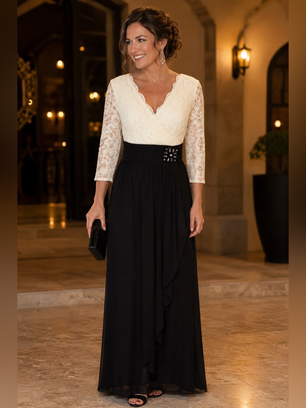 Jessica Howard Ivory Lace Top with Black Embellished Waist Maxi Dress 10 NEW